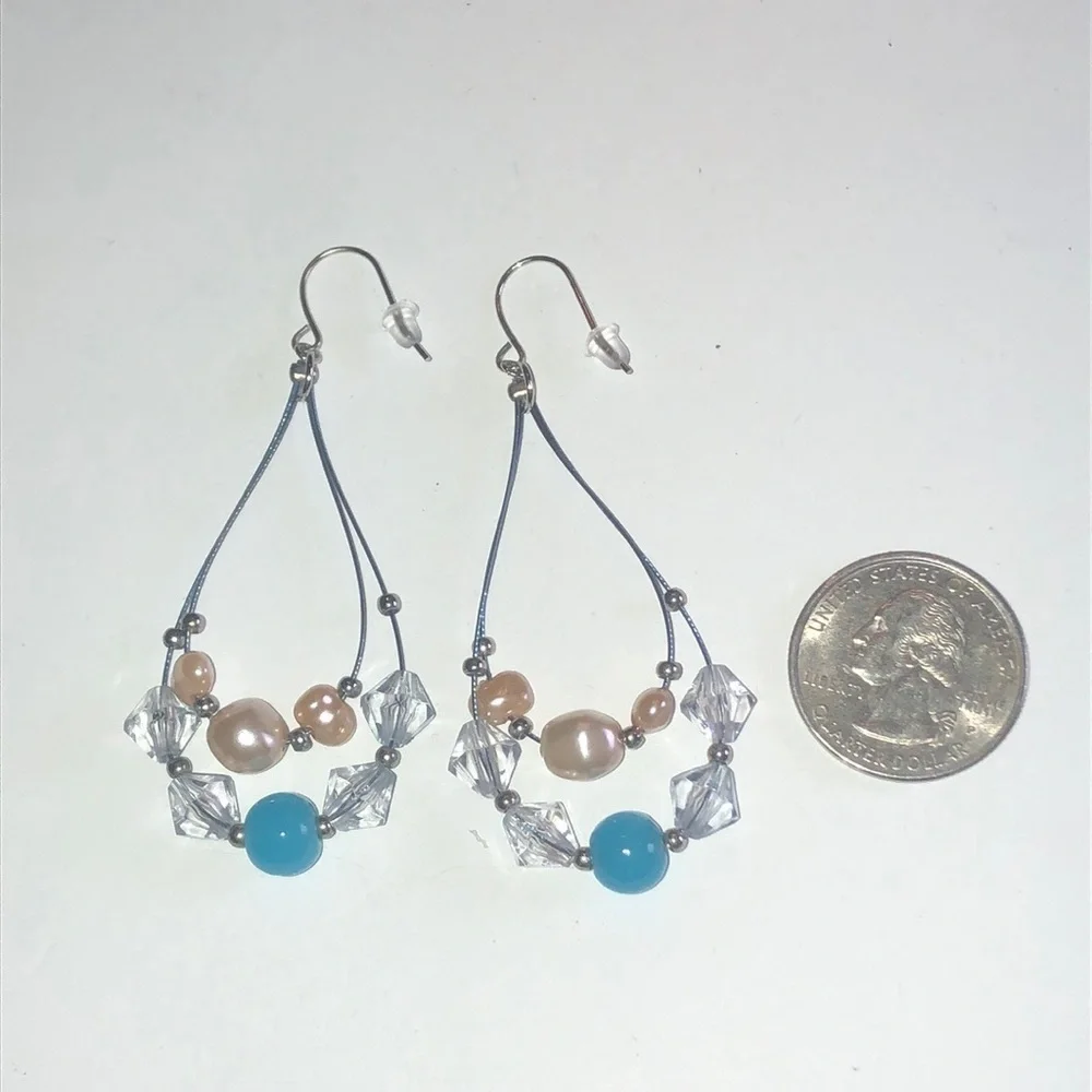 Silver Tone & Blue Beads Faux Pearl Boho Pierced Earrings
